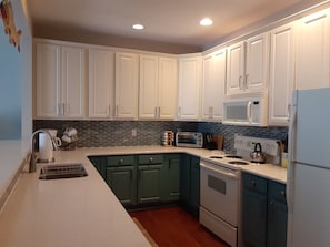 First floor:  Kitchen with Corian countertop, d/w, refrigerator, electric stove.