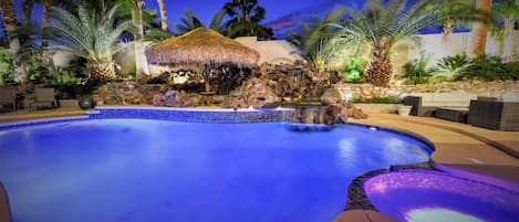 Tahiti Style Waterfall, Lounging under Palapa umbrella, Salt Water Pool and Spa