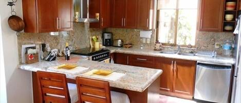 Fully equipped kitchen with eating bar, stainless appliances