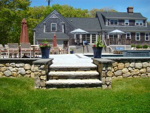 View from the backyard looking onto the large deck and pool