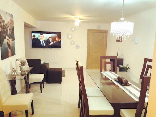 Open living and dining room.