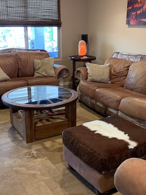 Large salt rock lamp, glows warm at night and Salesman said it makes air better 