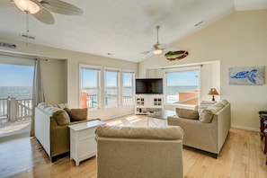 Family room is spacious and all windows have views of the ocean.