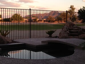 Heated salt water spa & pool with view of SanTan Mountain