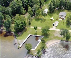 Aerial view of cabin and beach.  Last cabin on a dead end road.