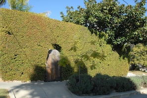 A tall hedge encloses the property, enter through the wooden gate.