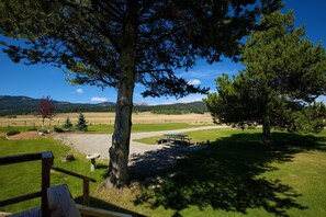 View from the deck, picnic table, parking space, awesome views!
