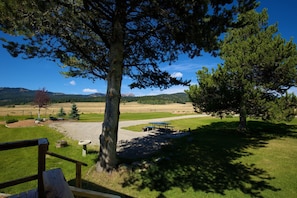 View from the deck, picnic table, parking space, awesome views!
