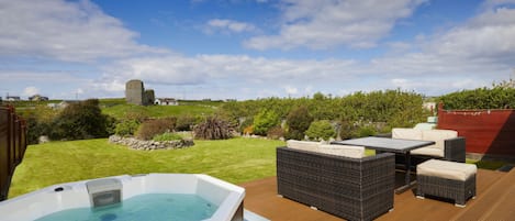 Deck with private hot tub and view of 500yr old castle