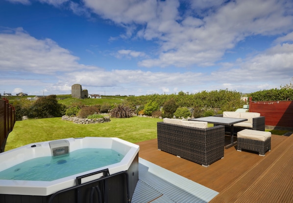 Deck with private hot tub and view of 500yr old castle