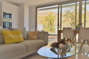 Open plan living area leading to the large terrace