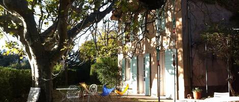 terrasse sous les platanes