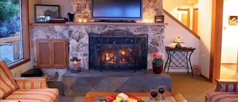 Living room wood fireplace