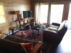 Living Room, leather couch and futon/sleeper