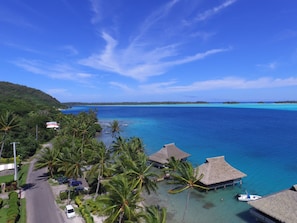 The gorgeous Bora Bora Blue Lagoon shot from a drone above our bungalow.