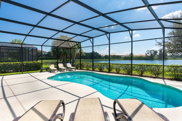 Beautiful pool area with lake view