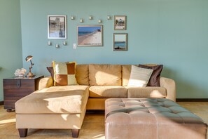 Queen size pullout couch ready for lounging day or night