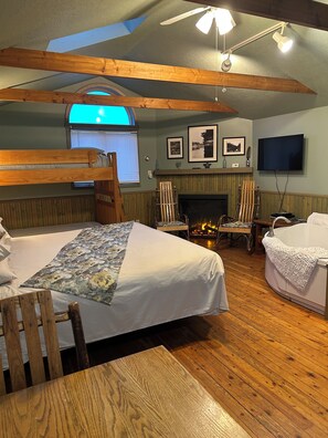 Studio space king adjustable bed, Mission style bunk beds, electric fireplace