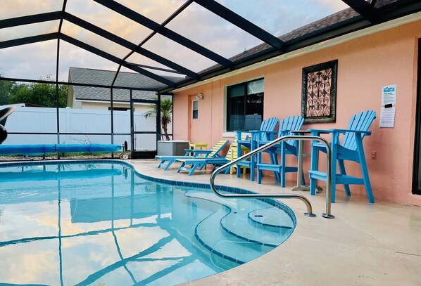 Newly added grab bar for ascending and descending pool stairs.