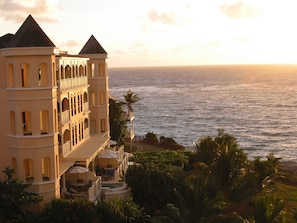 View of the one of the ocean-front residences at sunset.