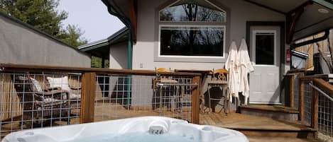 Winter view of private hot tub area.