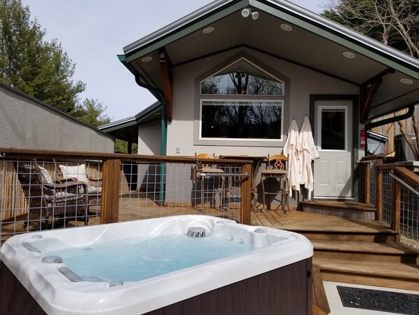 Winter view of private hot tub area.