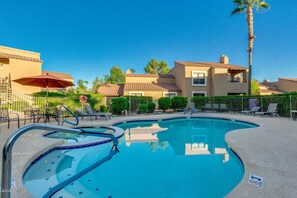 Heated pool and hot tub just steps from front door