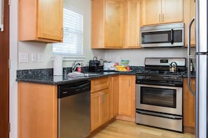 The kitchen is fully stocked, has all the appliances you need, and has granite countertops.  There is a Nespresso machine to get you going in the mornings, and we stock the kichen with breakfast goodies.