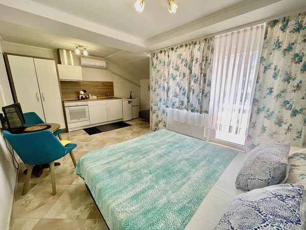 Entire studio view, Double bed, kitchen, foldable sofa, balcony.