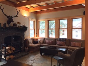 Living area with wood burning stove 
