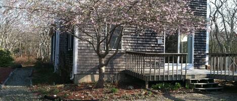 Side of home and view of deck