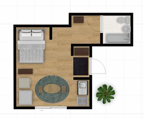 Efficiently designed studio layout offering everything you need—for solo travellers or couples