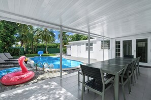 Enjoy your heated pool and backyard