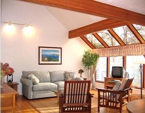 Vaulted ceilings w/ skylights. TV is flatscreen 32” LCD ( old TV in this photo) 