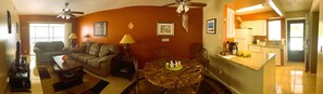 Panoramic View of Living Room, Dining Area and Kitchen