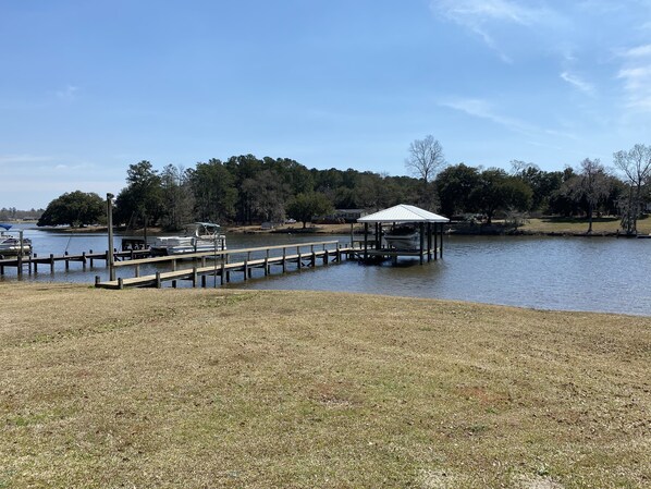 Dock, large yard and beach area.