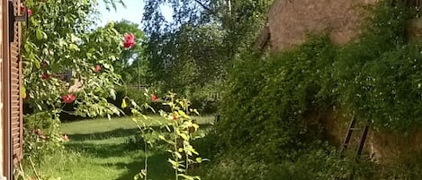 Vue du terrain entre la maison d'habitation à gauche et la forge inhabitée