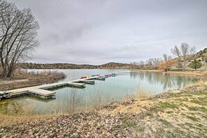 The reservoir dock makes a picturesque starting point for your boating endeavor.