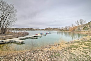 The reservoir dock makes a picturesque starting point for your boating endeavor.