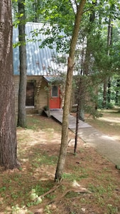 Evergreen Hideaway is a cabin nestled under tall pines.