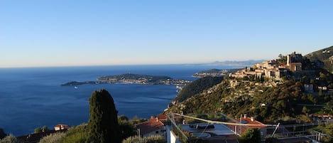 View from terrace, Eze Village and Saint-Jean-Cap-Ferrat.