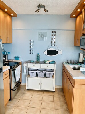 Fully Equipped kitchen with Stove, microwave, coffee maker, blender, etc