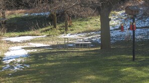 picnic table and in the ground fire-pit in the back yard.