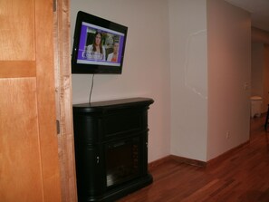 Fireplace and HD TV.