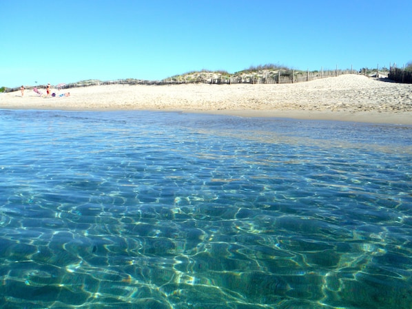 Il mare cristallino e la spiaggia dorata a pochi metri da VillaPlatamona. 