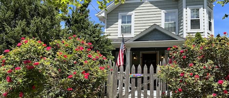 Front of cottage with roses in full bloom
