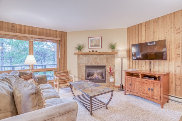 Living room with cozy fireplace