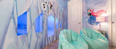 Bedroom 5, 2nd floor: Frozen themed bedroom with custom built Elsa's Ice Palace.