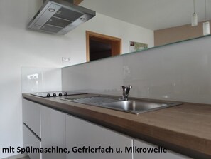 Ferienwohnung Stahl mit großem Garten-Küchenzeile mit Spülmaschine, Gefrierfach u. Mikrowelle