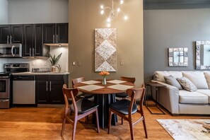 Open space dining, kitchen and living room.